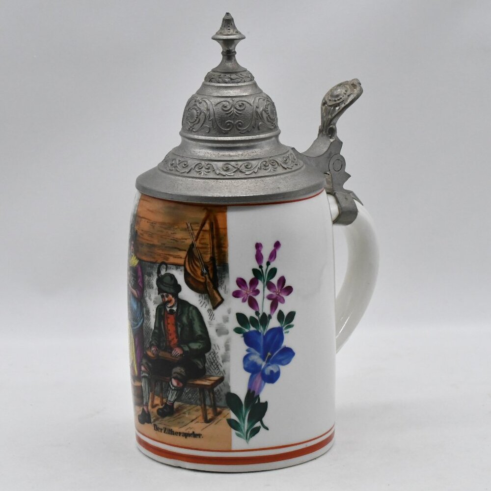 Vintage Stoneware German Beer Stein "Der Zitherspieler" With Pewter Lid